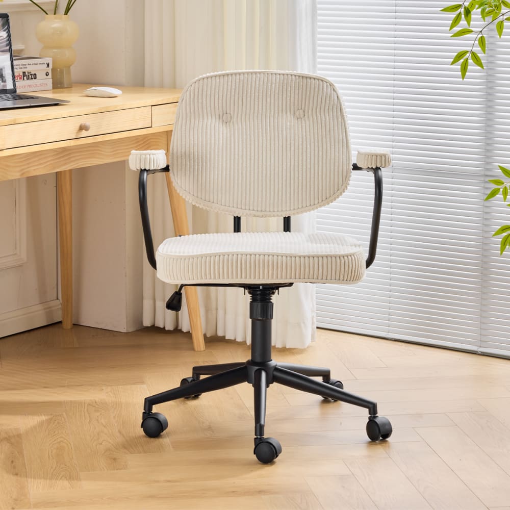 Fauteuil de bureau Ann en velours côtelé beige avec piètement à roulettes — vue 2