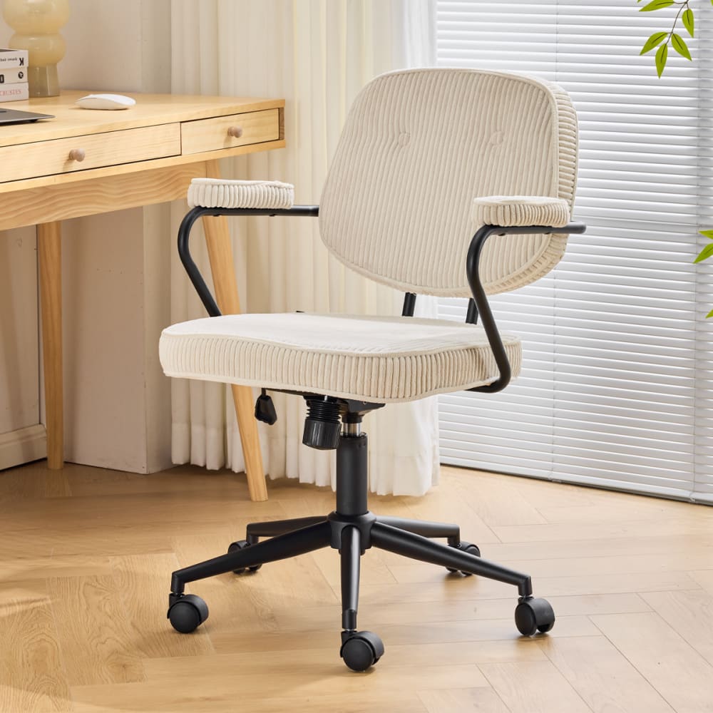 Fauteuil de bureau Ann en velours côtelé beige avec piètement à roulettes — vue 3