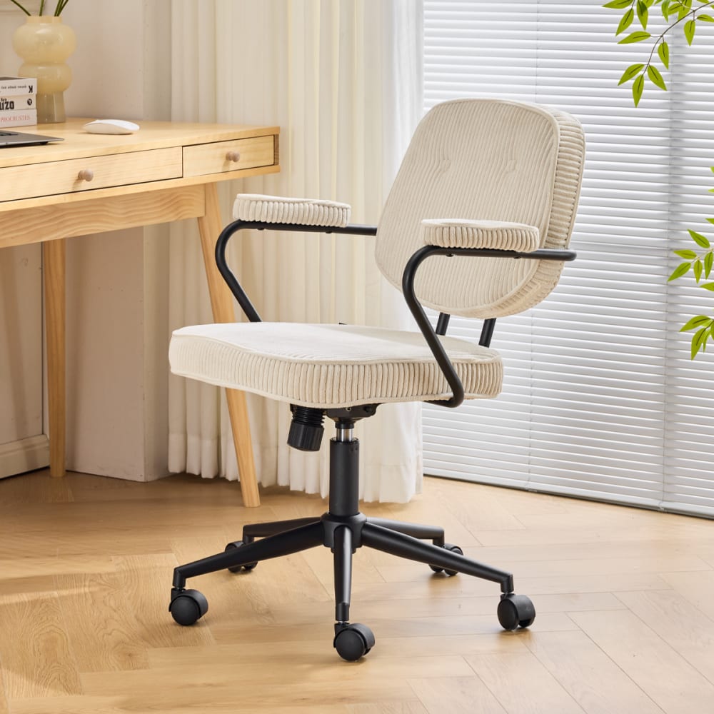 Fauteuil de bureau Ann en velours côtelé beige avec piètement à roulettes — vue 10