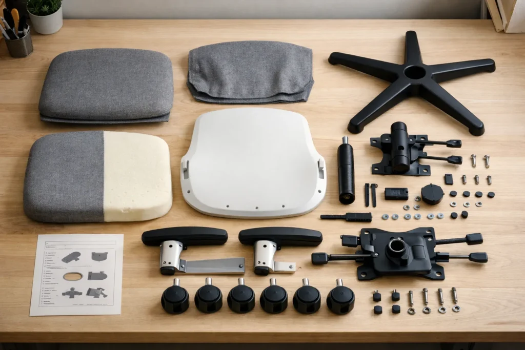 Un fauteuil de bureau démonté avec son revêtement, sa mousse, sa coque, son piètement et ses roulettes disposés à côté d’une fiche de composition.