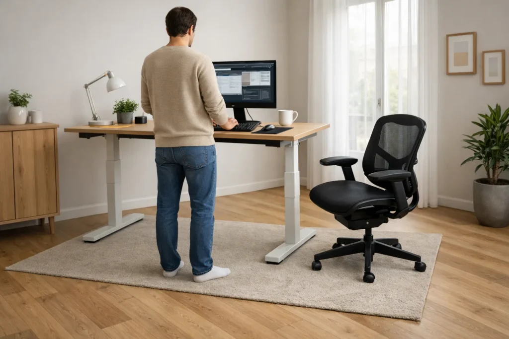 Une personne travaille debout devant un bureau réglable, tandis que son fauteuil ergonomique est placé sur le côté.