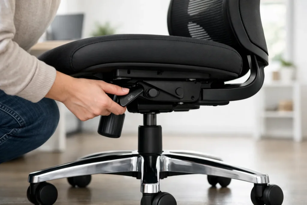 Une personne observe le levier de réglage sous l’assise d’un fauteuil de bureau.