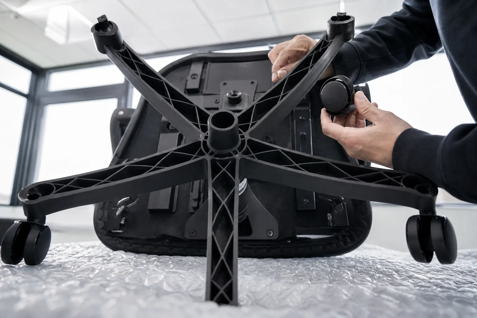 Base retournée d’un fauteuil de bureau dont une roulette et son point de fixation sont examinés.