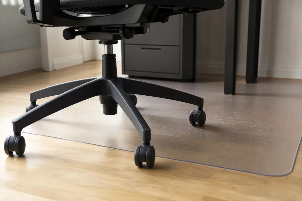 Roulettes d’un fauteuil de bureau placées entre un parquet clair et un tapis de protection.