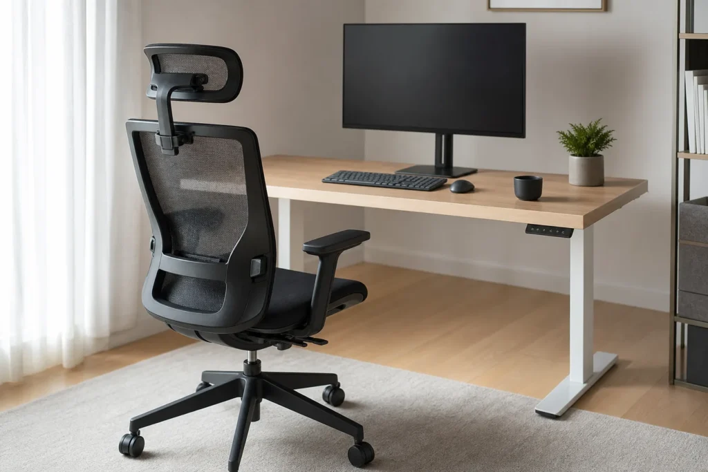 Fauteuil de bureau noir avec têtière réglable placé devant un bureau équipé d’un écran.