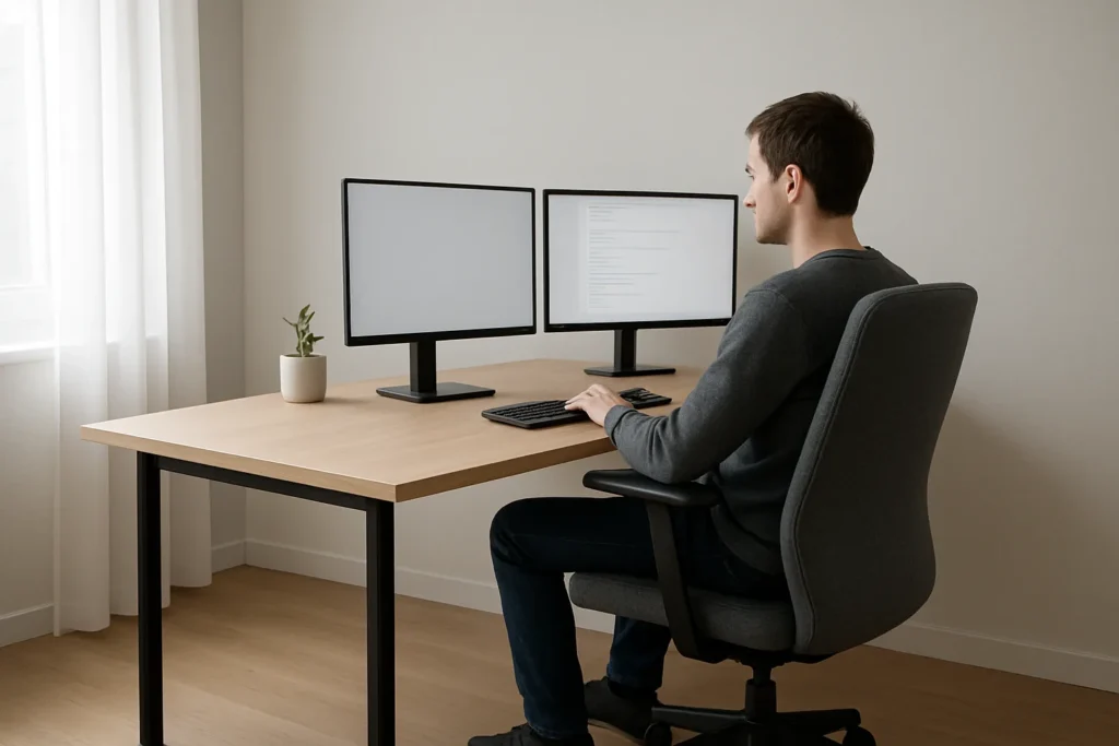 Une personne assise dans un fauteuil de bureau consulte deux écrans disposés sur un même bureau.