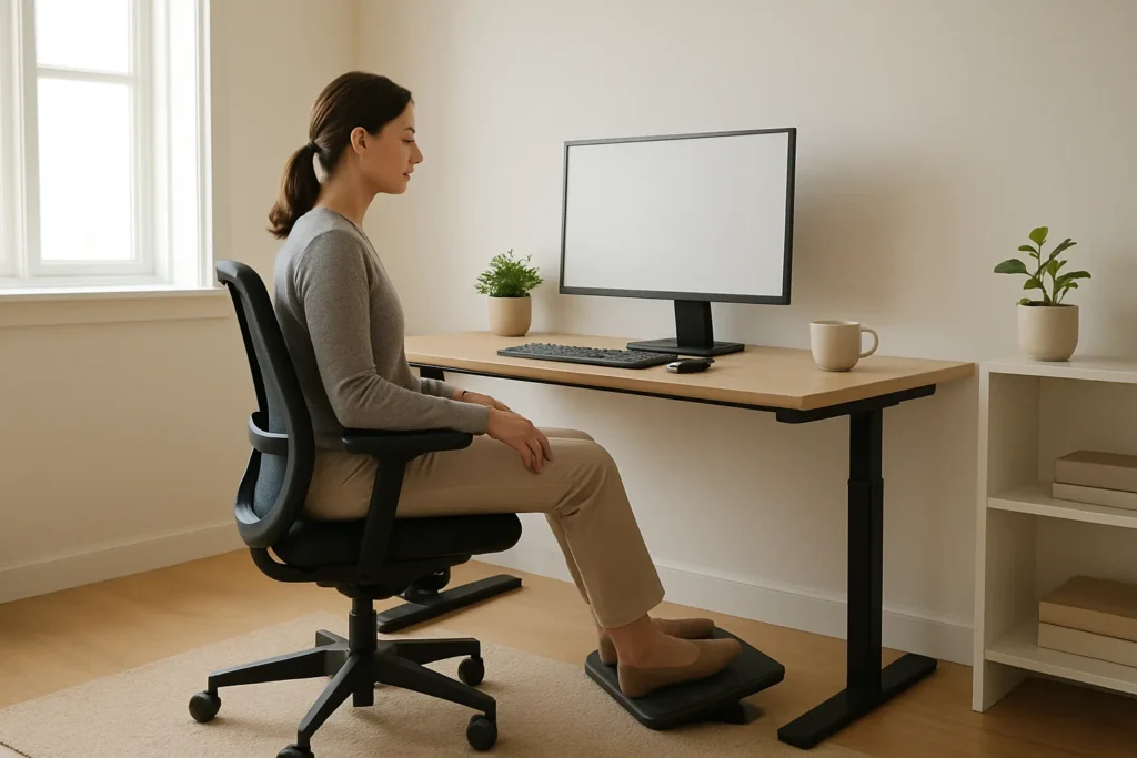 Une personne assise à un bureau règle son fauteuil et pose les pieds sur un repose-pieds.