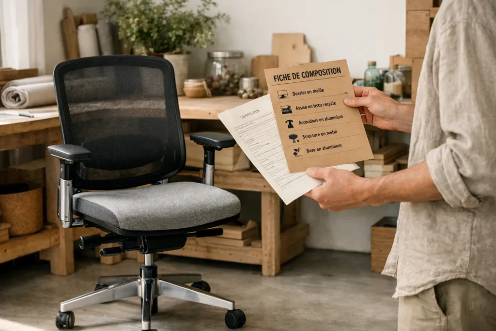 Une personne examine la fiche de composition d’un fauteuil de bureau dans un atelier lumineux.