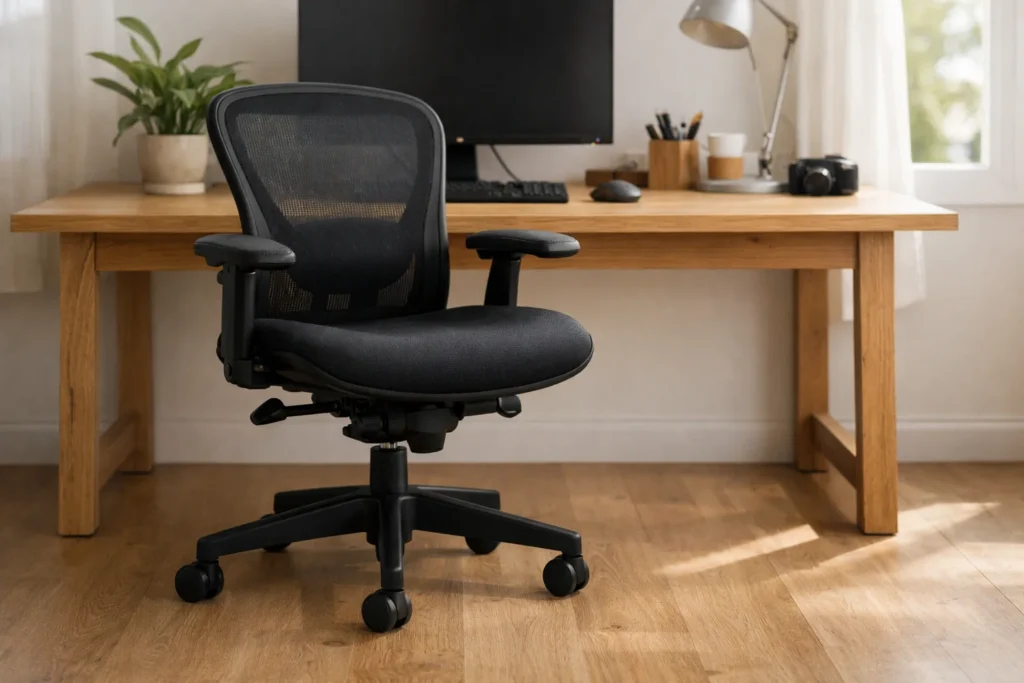 Un fauteuil de bureau placé devant un bureau avec une traverse visible sous le plateau.