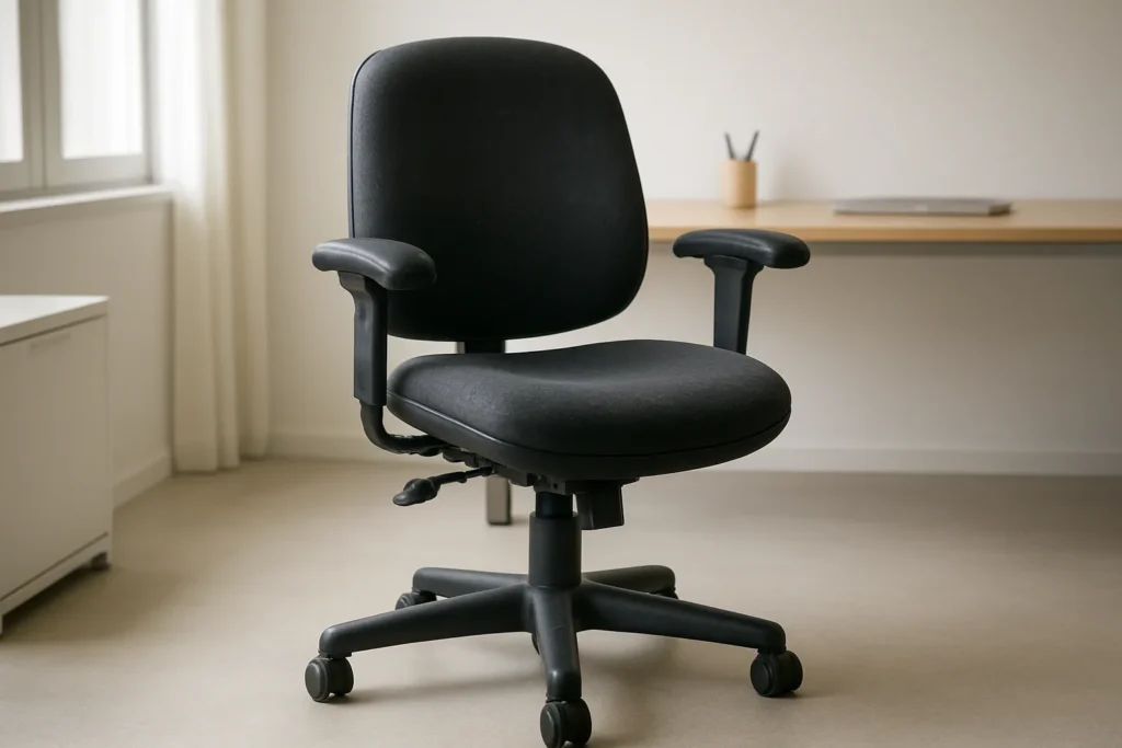 Fauteuil de bureau reconditionné, avec dossier réglable, accoudoirs et roulettes, installé près d’un bureau.