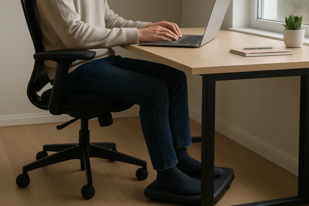 Personne assise à un bureau avec les pieds posés sur un repose-pieds sous le plateau.