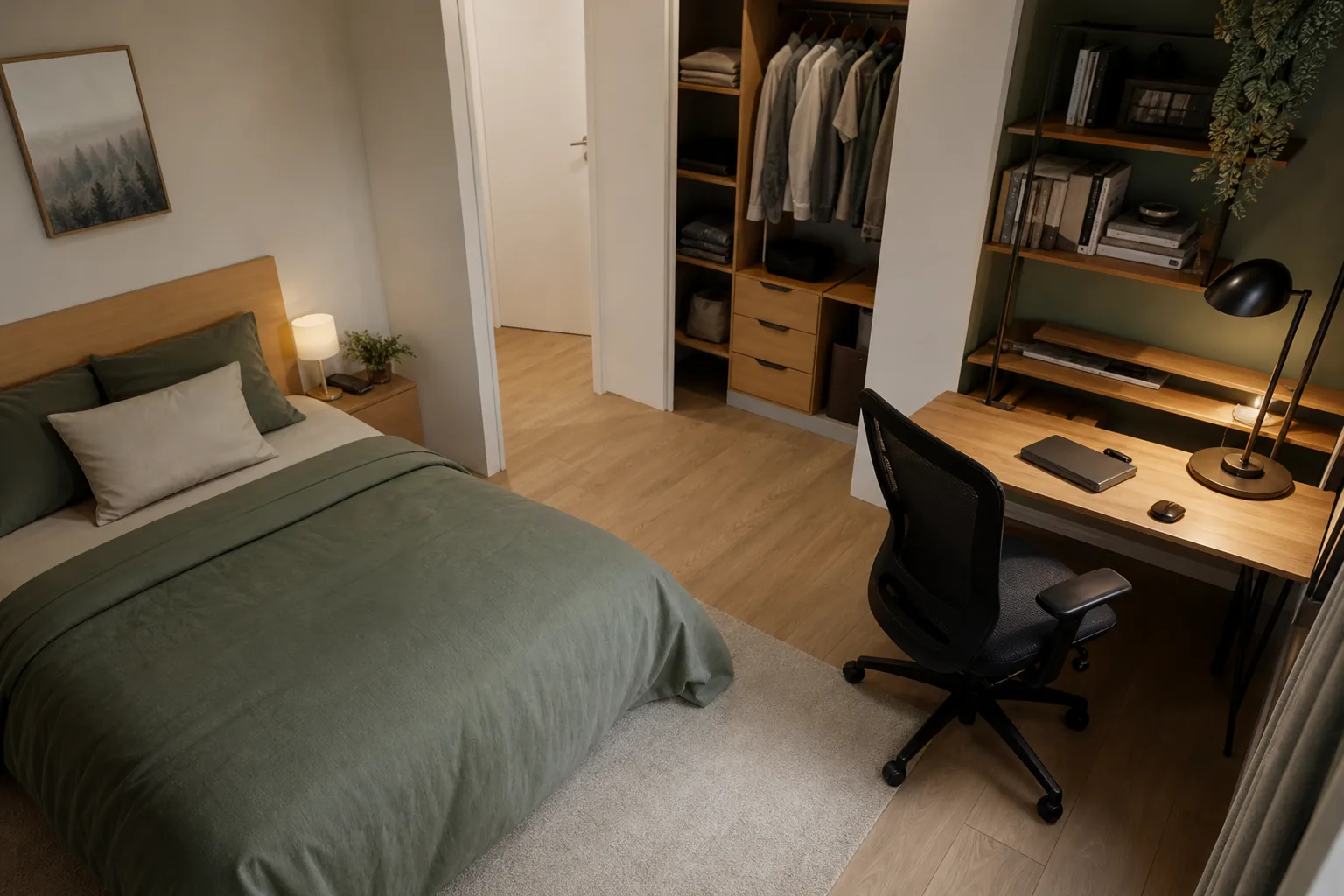Fauteuil reculé devant un bureau, avec un passage libre entre le lit et une armoire ouverte.