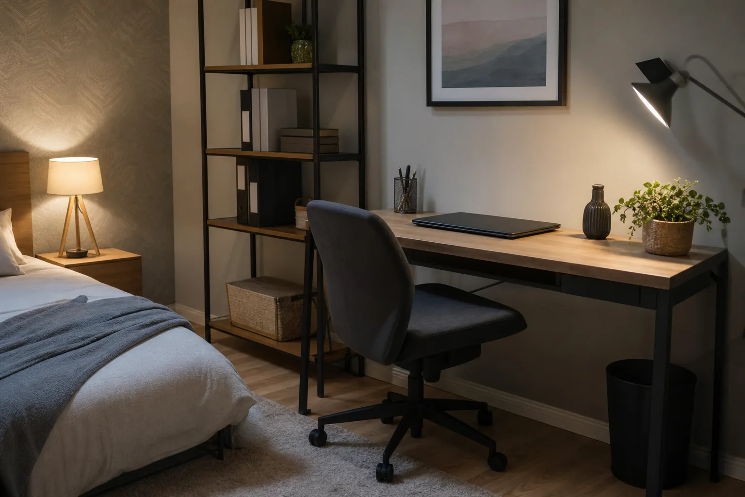 Ordinateur fermé et fauteuil rangé sous un bureau, à côté d’un lit.