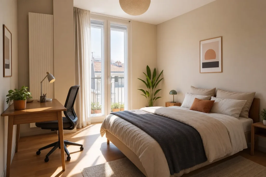 Chambre avec un lit, un bureau près du mur et un fauteuil de travail repoussé sous le plateau.