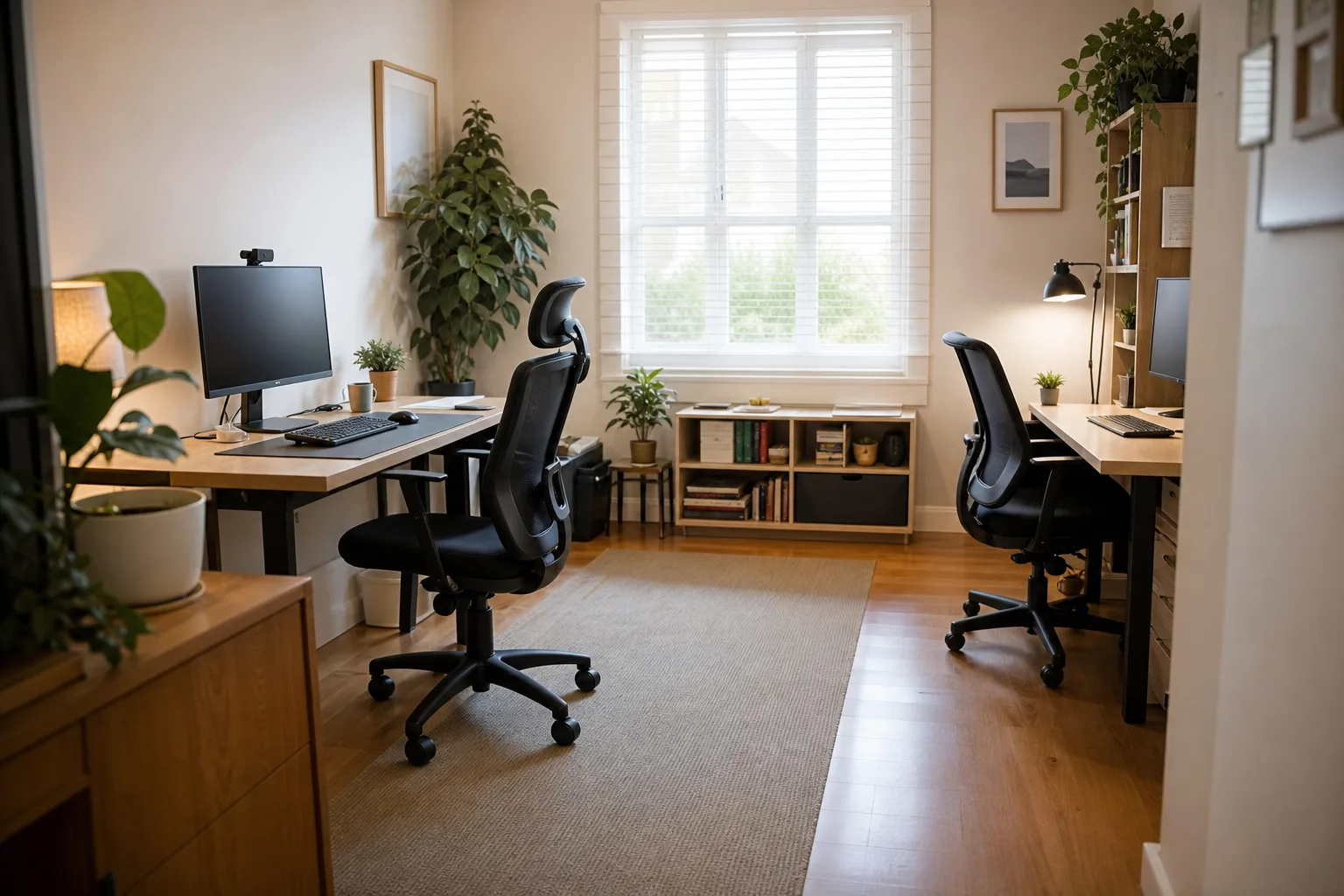 Fauteuil de bureau devant un poste de visioconférence, à côté d'un second espace de travail dans une pièce partagée.
