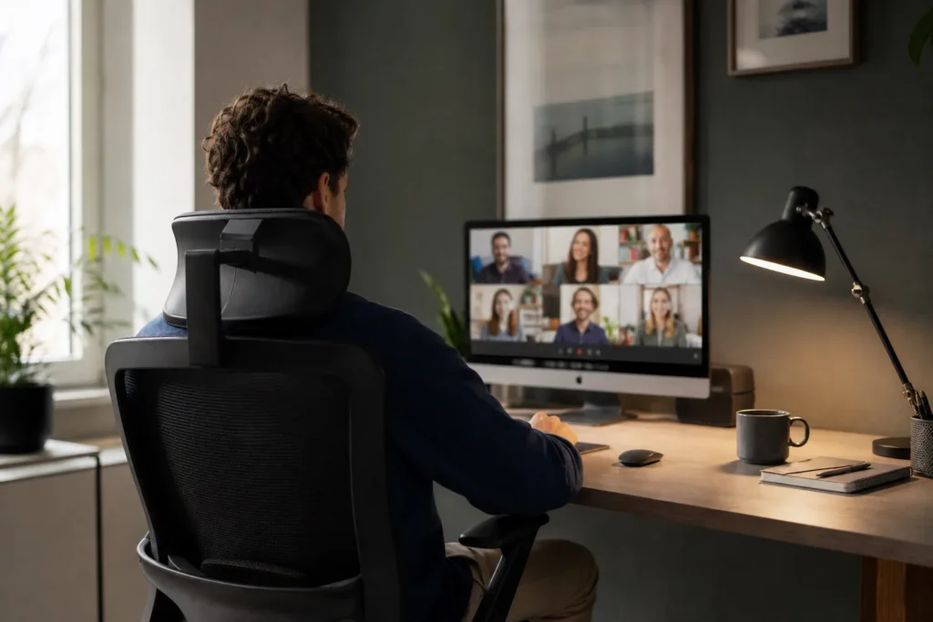 Personne assise dans un fauteuil de bureau devant un écran de visioconférence, avec une lampe et un mur clair en arrière-plan.