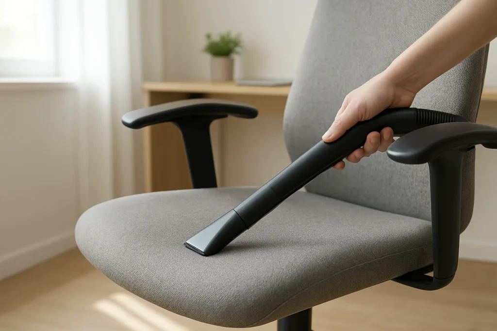 Une personne aspire délicatement l’assise en tissu d’un fauteuil de bureau.