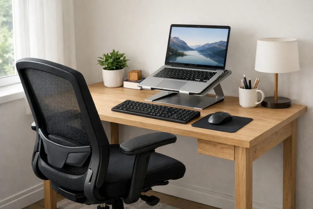Fauteuil de bureau placé devant un ordinateur portable surélevé et un clavier indépendant.