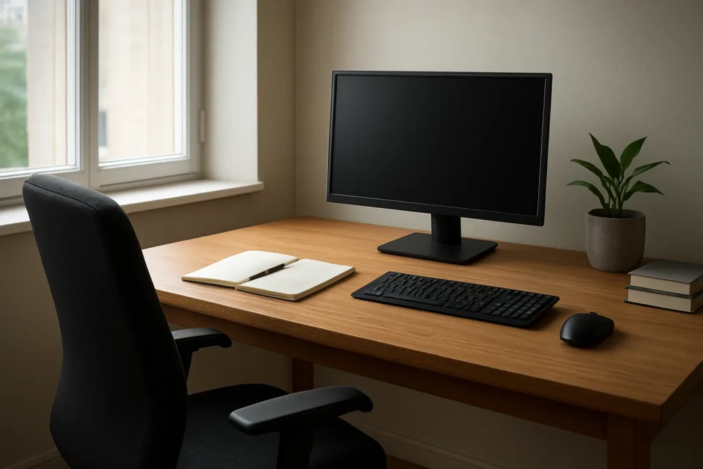 Fauteuil placé devant un bureau avec une zone d’écriture dégagée à gauche et une souris à côté du clavier.