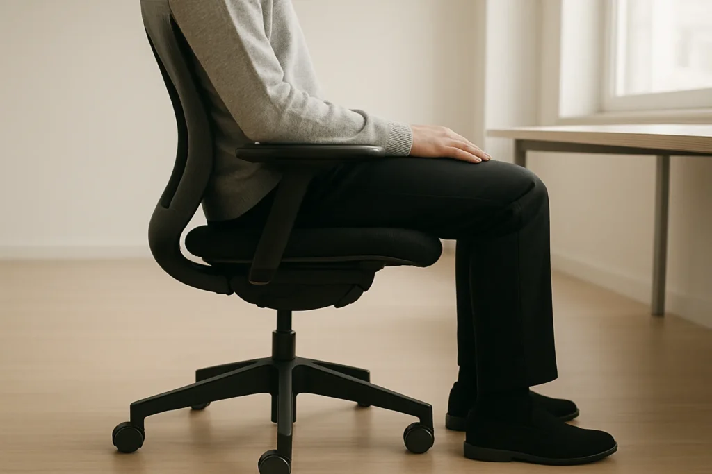 Vue latérale d’une personne assise au fond d’un fauteuil de bureau, les pieds au sol et les jambes soutenues sans pression visible derrière les genoux.