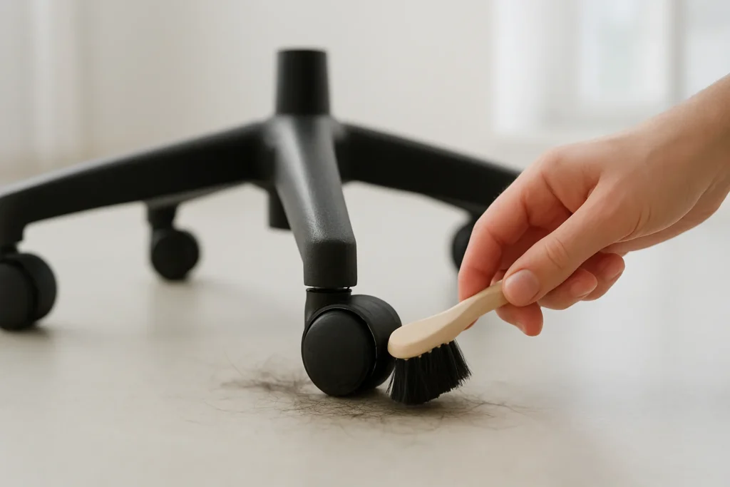 Une main nettoie avec une petite brosse les cheveux et la poussière autour d’une roulette de fauteuil de bureau retourné.
