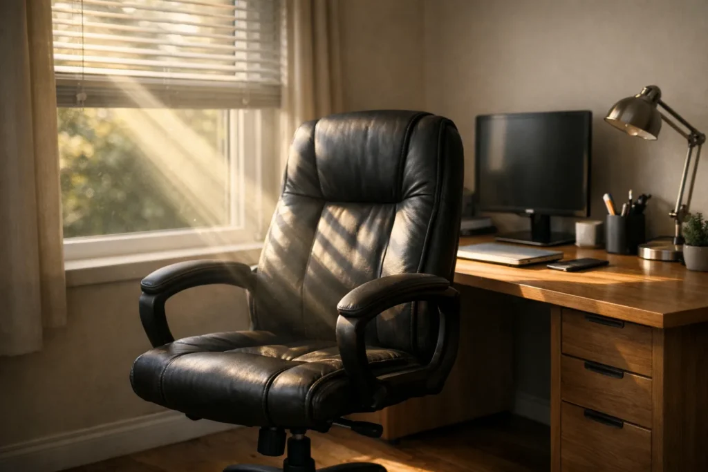 Fauteuil de bureau installé près d’une fenêtre dont le store filtre la lumière du soleil.