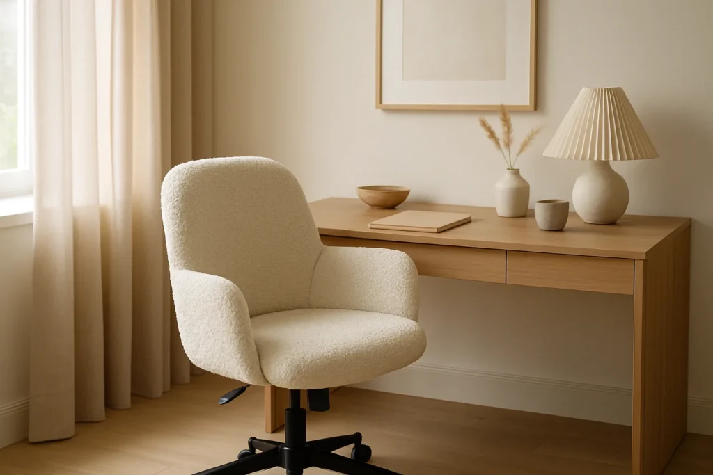 Fauteuil de bureau crème en tissu bouclé installé près d’un bureau contemporain en bois.